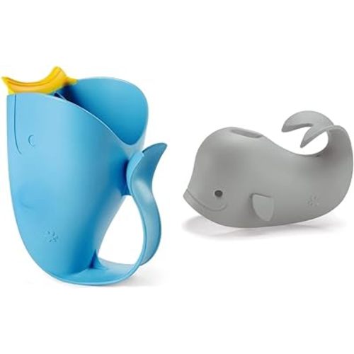 Skip Hop Baby Bath Rinse Cup, Moby Tear-Free Waterfall Rinser, Blue & Baby Bath Spout Cover, Universal Fit, Moby, Grey