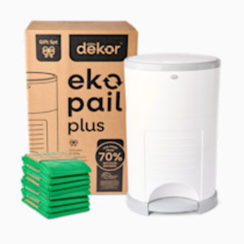 Diaper Dekor EKO Plus Diaper Pail Gift Set, White | ONLY Eco-Friendly Diaper Pail Made with 70% Recycled Materials | Comes with up to a Year's Supply Worth of Diaper Dekor Refills!