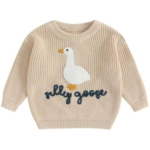 Toddler Baby Boy Girl Goose Outfit Silly Goose Embroidered Crewneck Long Sleeve Sweater Chunky Knit Fall Winter Tops