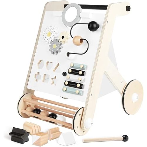 Asweets Wooden Baby Walker Push and Pull Learning Activity Walker with Roller for Boys and Girls Stand Learning Walker Toddler Toy
