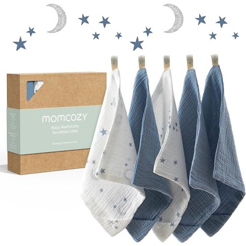Momcozy Baby Washcloths - 4 Layer Design| Medium Thickness| Soft & Absorbent| Premium Cotton for Newborns' Skin-Great for Bathing, Wiping & on-the-go Use, Shower Gift and Essential(5 Pack, 10x10 inch)