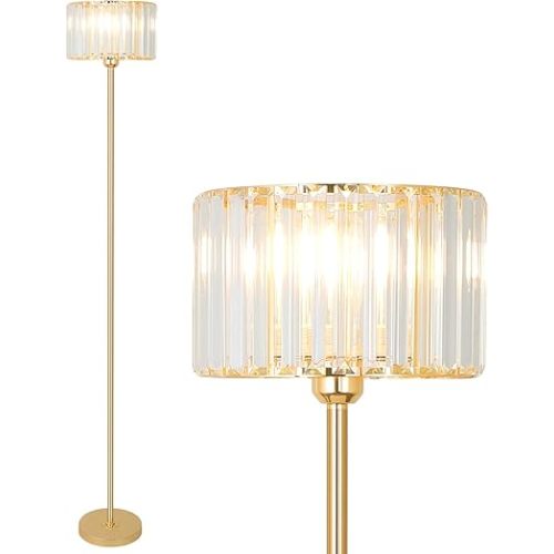 HMVPL Gold Floor Lamp for Living Room, Modern Floor Lamp with K9 Crystal Shade, Brass Standing Lamp with On/Off Switch,Mid Century Tall Lamp Crystal Pole Lamp for Bedroom Corner Office Nursery Reading