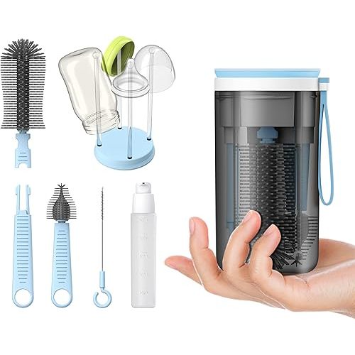 Travel Bottle Brush with Portable Bottle Drying Rack, Travel Essentials for Baby, Blue