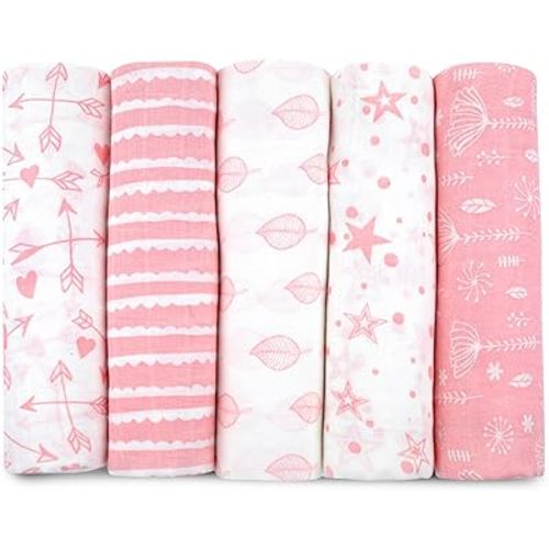Muslin Swaddle Blankets for Newborn, 5 Pack Receiving Blanket, Muslin Blanket Swaddles Wrap for Girls, Baby Essentials, 47x47 Inches Large Size, 100% Cotton, Pink