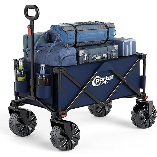 PORTAL Collapsible Folding Utility Wagon, Foldable Wagon Carts Heavy Duty, Large Capacity Beach Wagon with All Terrain Wheels, Outdoor Portable for Camping, Garden, Shopping, Groceries,