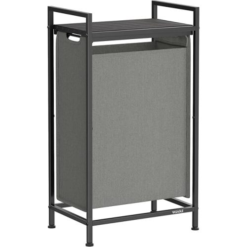 VASAGLE Laundry Hamper, Slim Laundry Basket, Laundry Sorter with A Pull-Out and Removable Bag, Shelf, Metal Frame, 12.7 Gallons (47 L), 16.5 x 11 x 29.5 Inches, Slate Gray and Charcoal Gray UBLH001G01