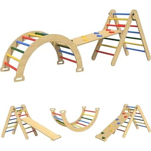 Pelnuies Pikler Triangle Set, 5 in 1 Wooden Montessori Climbing Set with Ramp for Sliding or Climbing, Foldable Toddler Climbing Toys Indoor Playground, Jungle Gyms for Toddlers 1-3