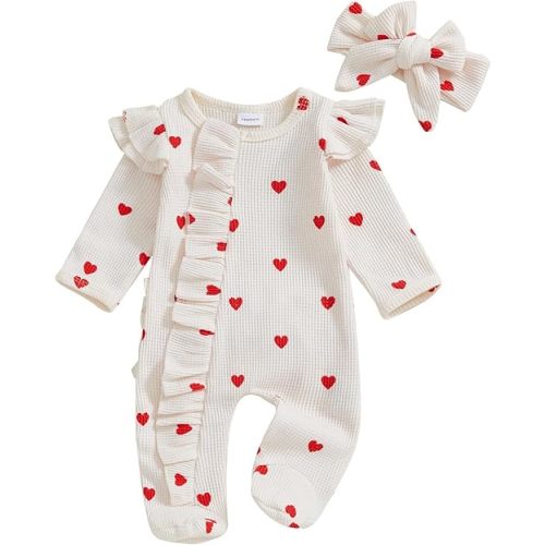 Newborn Baby Girl Valentines Outfit Ruffle Heart Print Romper Waffle Jumpsuit Coming Home Outfit