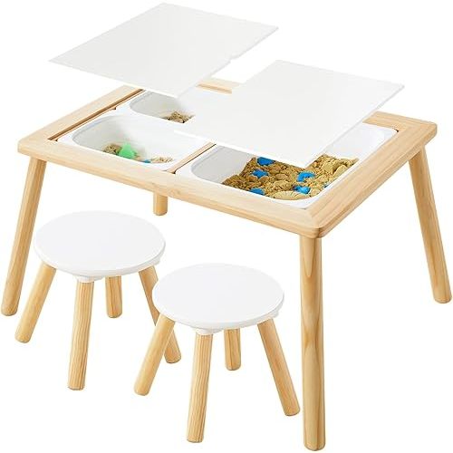 Asweets Sensory Table for Toddlers, Indoor Table with Storage Bins, Kids Play Activity Desk with 3 White Bins & 2 Chairs for Boys Girls Gift, 29''L x 20''W x 21''H