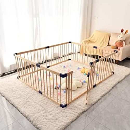 Baby Playpen,Wooden Playpen,Large Wood Adjustable Play Fence,Kid’s Play Space,Wood Baby Playard, Indoor Outdoor Blue Play are with Gate for Infants, Toddlers