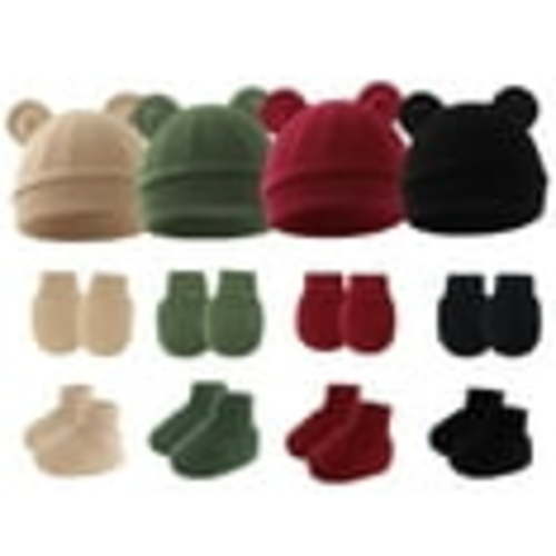 Happy Cherry Baby Boy Beanie Cap Newborn Hospital Hat Infant Bear Ears Preemie Cotton Hat Baby Girl Hat Mitten Sock Set 4 Pack for 0-6 Months(Khaki Dark Green Black Burgundy)