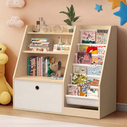 Masiis 4 Tier Kids Bookshelf, Kids Bookcase Toy Storage Cabinet Natural Children Bookshelves with 6 Layer Sling Bookcase for Playroom Kids Room Nursery, Pull-Out Drawers
