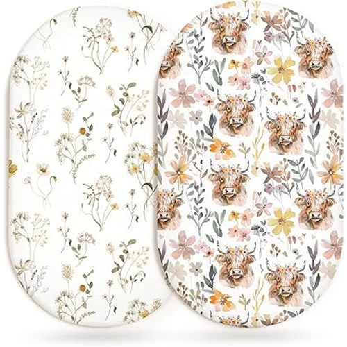 Bassinet Sheets for Baby Girls Boys 2 Pack, Fitted Baby Mattress Sheet for Rectangle, Oval, Hourglass Bassinet Mattress, Breathable Cozy & Universal Fit (Cottage Cow, Bassinet Sheet)