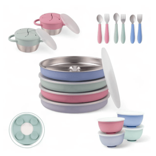 Stainless Steel Mealtime Bundle | Sucton Sleeves | Plates, Bowls, Snack Cups + Toddler Utensils | 16 Pcs | Blush/Lilac/Sage/MistyBlue