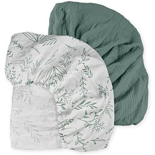 Muslin Mini Crib Sheets, 2 Pack for Baby Boy and Girl, Soft Breathable Stretchy Baby Pack N Play Mattress and Mini Cribs Sheet, Universal Fitted Portable/Mini Crib Mattresses (Natural Leaves)