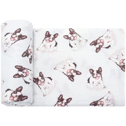 LifeTree Baby Swaddle Blankets Dog, Muslin Swaddle Blankets Boys Girls Swaddling Wrap Receiving Blanket Neutral for Newborn, 70% Viscose Bamboo and 30% Cotton, Large 47" x 47", French Bulldog