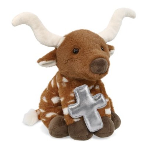 DolliBu Super Soft Floppy Longhorn Stuffed Animal with Silver Cross Plush - Religious Baptism Gifts for Boys and Girls, Dedication Christening Gifts Plush Prayer Toy Healing Stuffed Animal - 10 Inches