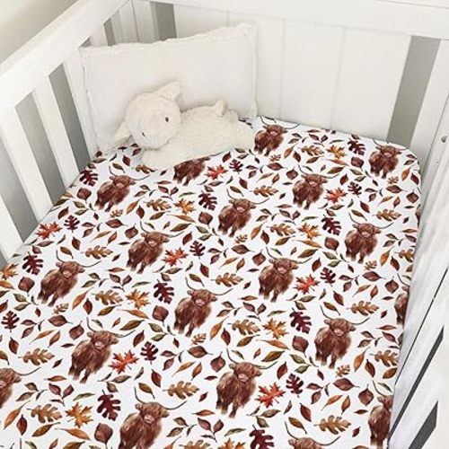 Retro Highland Cows Fall Leaves Baby Crib Sheet 52''x28'' Highland Yak Maple Leaves Snug Fitted Crib Mattress Cover for Boy Girl Soft Baby Bed Sheets for Standard Crib and Toddler Mattress