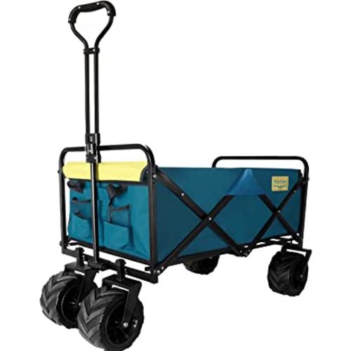 Ribitek Beach Wagon Cart with Big Wheels for Sand, Outdoor All-Terrain Folding Wagon, Collapsible Wagon with Adjustable Handle for Camping, Sports, Shopping