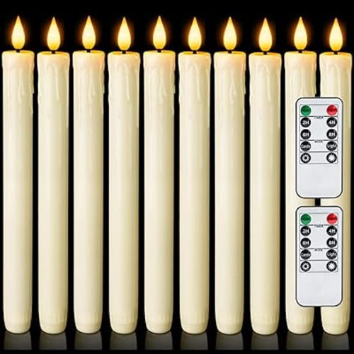 Homemory 12 Pcs Real Wax Flameless Taper Candles with Remote Timer and Dimmer, Battery Operated Candlesticks with Flickering Light, Ivory Window Candles, 9.6 Inches for Wedding Home Decor