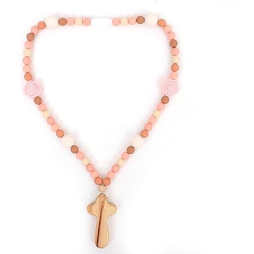 Cross Silicone Rosary - Baptism Party Supplies,Floral Silicone Beads Baptism Gift,Catholic First Cross Silicone Rosary,Christian Communion Chewy Rosary (Pink Floral)