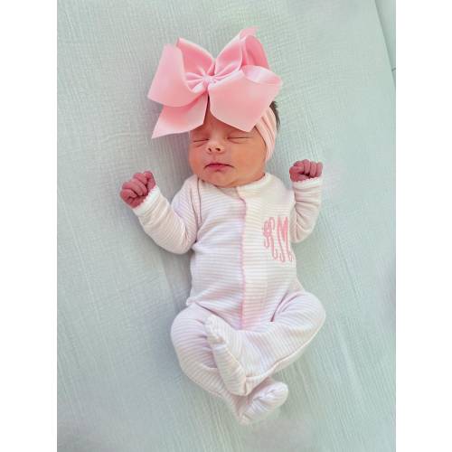 Baby girl coming home outfit, monogrammed newborn outfit, pink stripes outfit, pima cotton, personalized baby shower gift, mini stripes