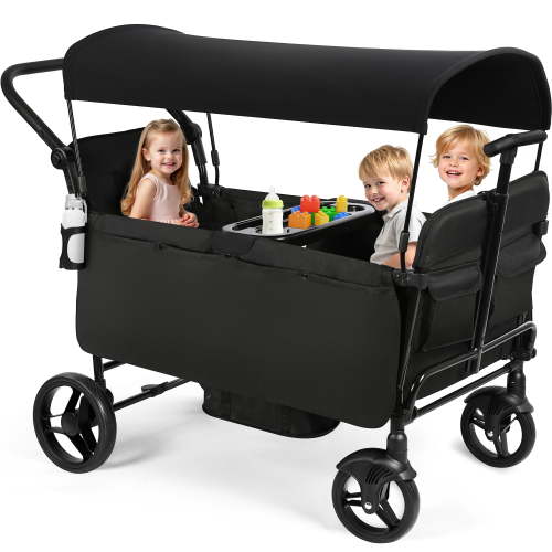 Vomeast Wagon Stroller for Kids, Spacious 4-Seater Stroller Wagon with Adjustable Canopy, Pull & Push Handle, 5-Point Harness, Foldable for Toddlers, Black