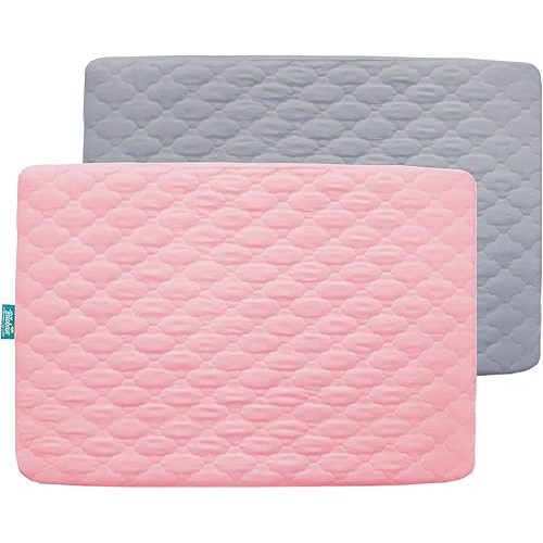 2 Pack Pack and Play Mattress Protector Sheets Fitted Waterproof Playard Mattress Pad Cover, Compatible with Graco Pack n Play & Dream On Me & Pamo Babe, Playpen/Playard Sheet, Gray&Pink, 39" x 27"