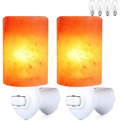 Himalayan Salt Lamp Plug in Night Light 2 Pack, 360 Degree Adjustable Wall Plug & Extra 4 Replacement Bulbs Bathroom Bedroom Night Light, Pink Crystal Rock Salt Hand Crafted Cylinder Size