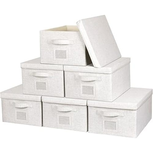 Large 17''x12'' Quart Collapsible Stackable Storage Bins with Lids, 6 Packs Off White Fabric Closet Boxes with Lids, Storage Cube Baskets Container Organizers for Bedroom Office(17''x12.2x''8'')