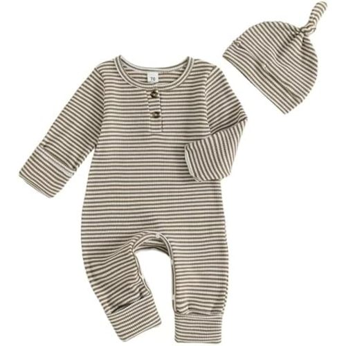 Murnouche Newborn Baby Boy Clothes Coming Home Outfit Ribbed Romper with Hat Bodysuit Jumpsuit