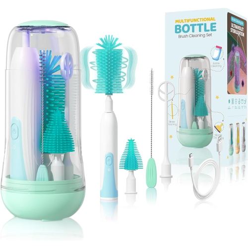 IvyWind Electric Travel Baby Bottle Brush Set with Storage Box, Automatic Bottle Cleaner Brush Kit with Silicone Bottle/Nipple/Straw Brush, Milk Frother Electric and Drainage Rack, Rechargeable, Green