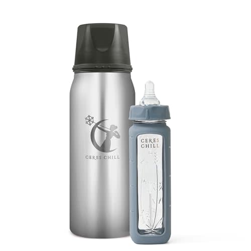 Ceres Chill Breastmilk Chiller/Warmer Bundle, 27oz of Storage, 20 Hour Chill, Comes with Glass Baby Bottle for The Ultimate Bottle Warming Duo (Per My Last Email Steel Chiller & Gray Bottle)
