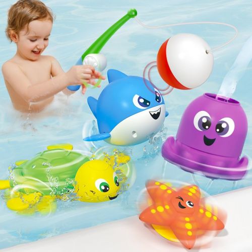 Joyfy Baby Bath Toys, Magnetic Fishing Games with Spinning Octopus and Starfish,Wind-Up Shark Toys, Fishing Rod Water Pool Toys for Toddlers 1-3