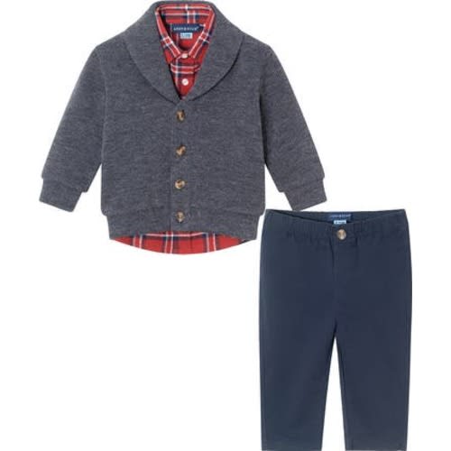 Marled Ombré Cardigan, Plaid Button-Up & Pants Set