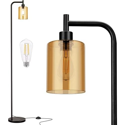 Floor Lamps for Living Room - Standing Lamp with Amber Glass Shade, Modern Floor Lamp with LED Bulbs, Industrial Floor Lamp for Bedroom, Black Tall Lamp for Office(Light Bulb Included)