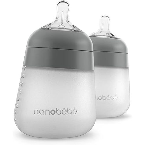 Nanobebe Flexy Silicone Baby Bottle, Anti-Colic, Natural Feel, Non-Collapsing Nipple, Non-Tip Stable Base, Easy to Clean 2-Pack, Grey, 9oz