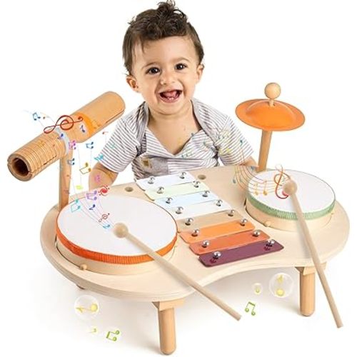 Drum Set for Toddlers 3+ Year Old Boys Girls Baby Wooden Musical Instruments Drumset for Ages Kids Montessori Preschool Educational Music Sensory Toys 3-5 Birthday