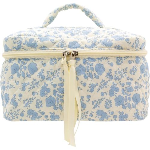 Cotton Makeup Bag for Women Large Quilted Travel Cosmetic Case Girls' Make Up Organizer, Little Flower Blue