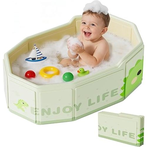 Foldable Baby Bath, Collapsible Baby Bathtub 3M-8Y, Portable Travel Baby Bath Tub with Non-Slip Base, Pop Up Folding Newborn Toddler Shower Tub, Space Saving, Dinosaur Pattern