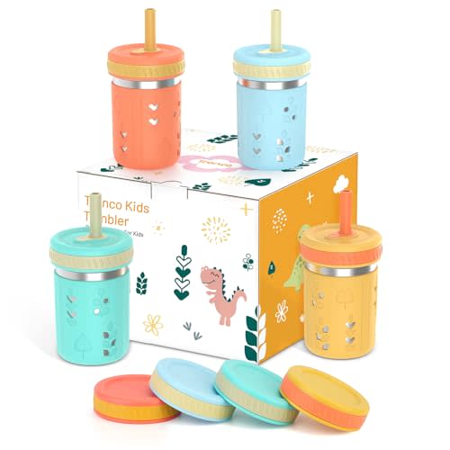 Tronco [4 Pack] 10 oz 2-in-1 Stainless Steel Kids Tumbler Cups with Silicone Sleeves, Spill-Resistant Flexible Straws & Storage Lids, BPA-Free Smoothie and Snack Cups, Dishwasher Safe