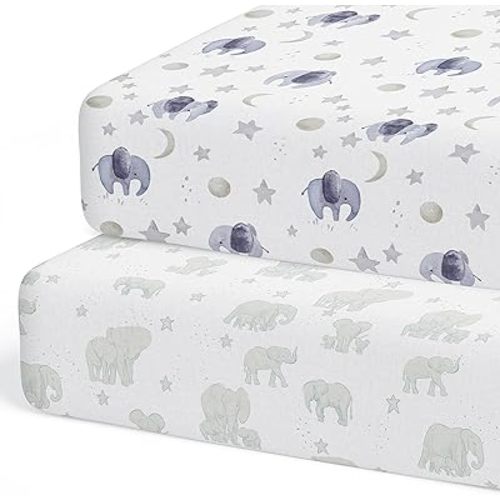 Crib Sheets Neutral - Fitted Baby Crib Sheets Bed for Girl Boy - 2 Pack Standard & Toddler Mattress (Watercolor Elephants) - Buttery Soft Organic Cotton Blend