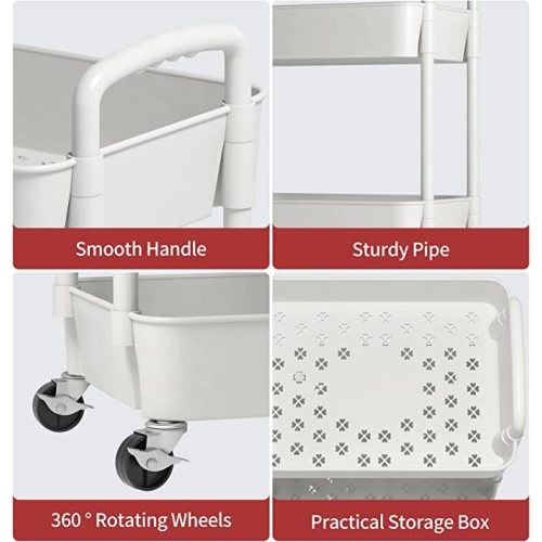 Sywhitta 3-Tier Plastic Rolling Utility Cart with Handle, Multi-Functional Storage Trolley for Office, Living Room, Kitchen, Movable Storage Organizer with Wheels, White - 3-tier