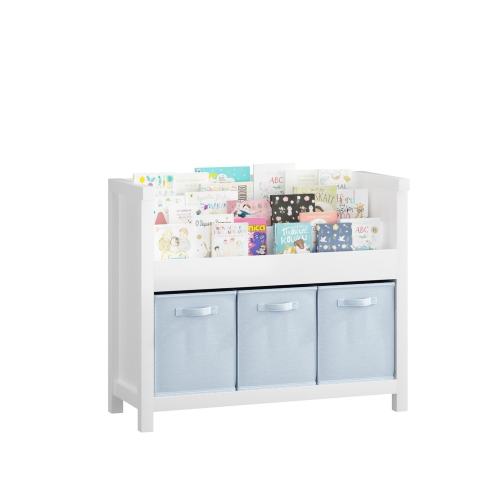 Kids Bookshelf with 3 Tier Front-Facing Storage and 3 Fabric Bins, Wooden Toddler Bookcase for Playroom, Nursery, Bedroom