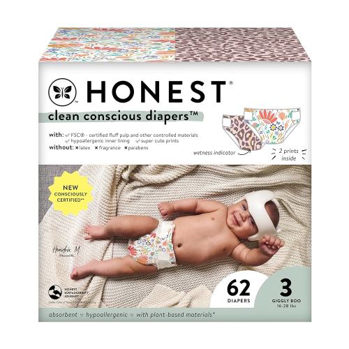 The Honest Company Clean Conscious Diapers for Sensitive Skin | Hypoallergenic, Fragrance Free | Girl Prints | Club Box, Size 3 (16-28 lbs), 62 Count (Prints May Temporarily Vary)
