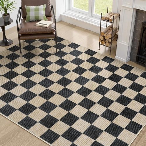 Machine Washable 5x7 Area Rugs for Living Room Checkered, Non Slip Soft Low Pile Farmhouse Geometric Modern Neutral Playroom Boys Rugs for Bedroom, Large Carpet Rugs for Dining Room(Black,5'x7')