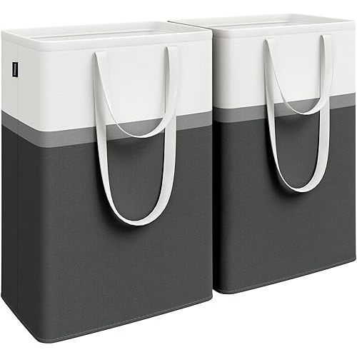 SONGMICS Set of 2 Laundry Hamper, 75 L Foldable Laundry Basket, Laundry Bag with Short and Long Handles, Easy to Transport and Clean, Freestanding, for Bedroom, Bathroom, Ink Black ULCB208B01