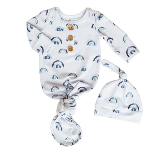 Brooks' Blue Rainbows Newborn Baby Knot Gown & Hat Set
