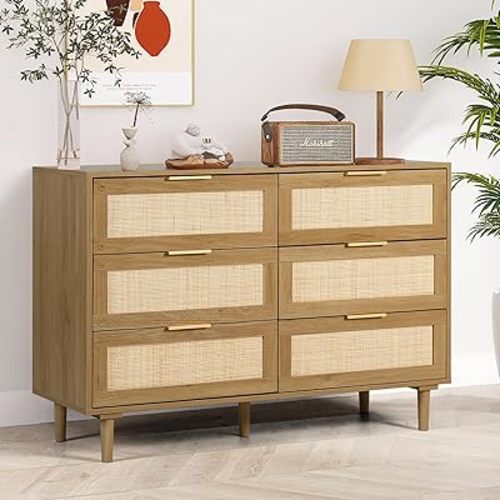 6 Drawer Dresser Rattan Dresser Modern Chest with Drawers,Wood Storage Closet Dressers Chest of Drawers for Bedroom,Living Room,Hallway (Brown)