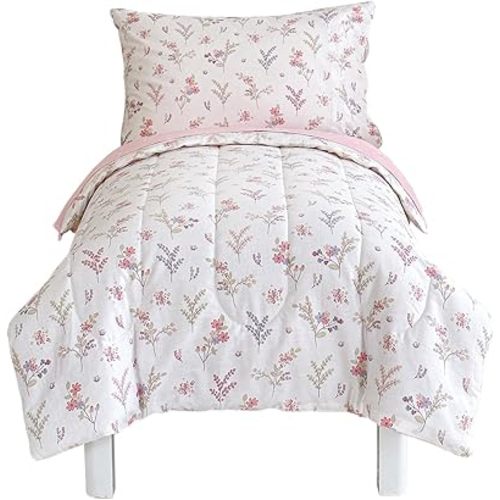 Joyreap 4 Piece Cotton Toddler Bedding Set for Girls, Flowers n Leaves Pink Design, Soft Breathable Cotton Toddler Comforter Set, Includes Quilted Comforter, Fitted Sheet, Top Sheet, and Pillow Case